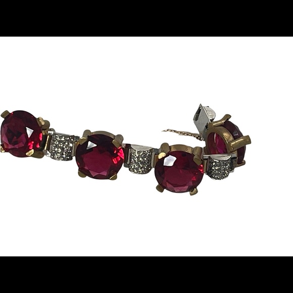 Vintage chunky brass ruby rhinestone crystal bracelet 1940s - Picture 5 of 12